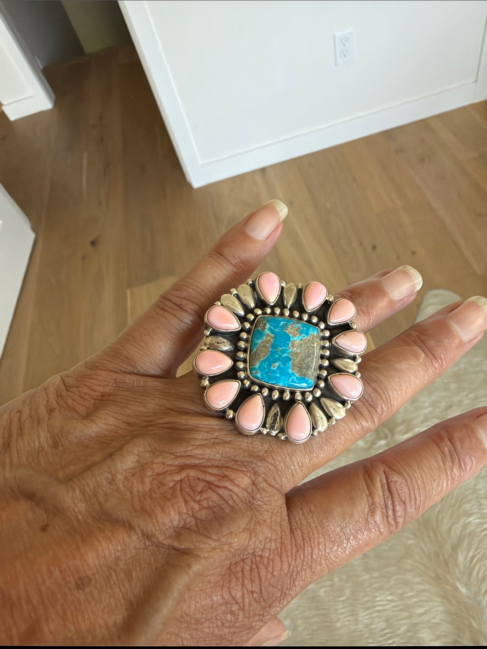 🦋 On Reserve Navajo Turquoise Pink Conch Sterling Ring